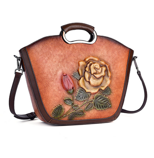 Vintage Rose Flower Design Handbag Women Cow Leather Shoulder Bag