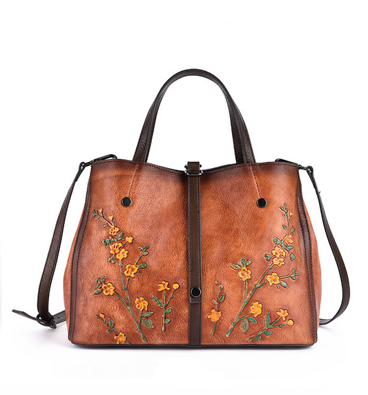 Vintage Floral Lady Handbag Cow Leather Flower Bag