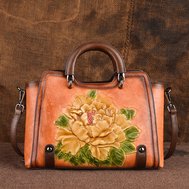 Flower Pattern Handbag Women Leather Vintage Shoulder Bag