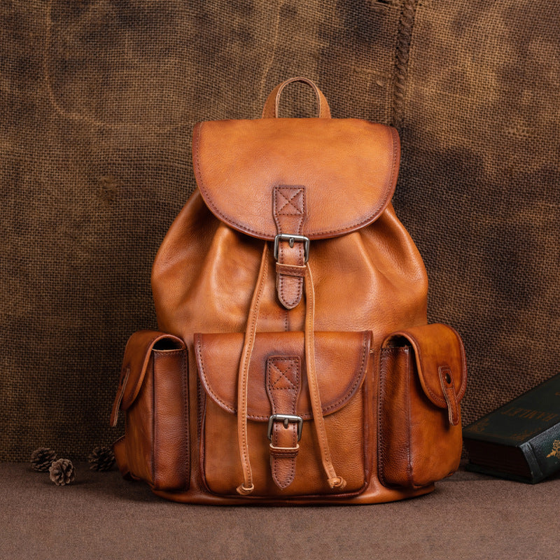 Vintage Tassels Man Backpack Genuine Cow Leather Bag