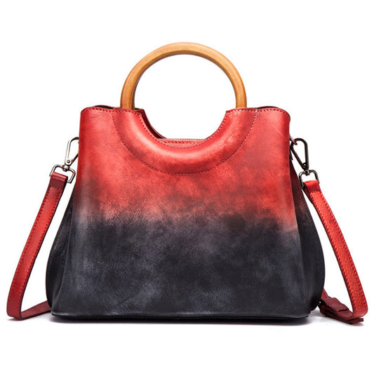 Gradient Color Cow Leather Women Tote Bag Vintage Handbag