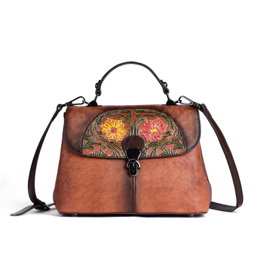 Vintage Women Leather Handbag Flower Tote Shoulder Buckle Bag