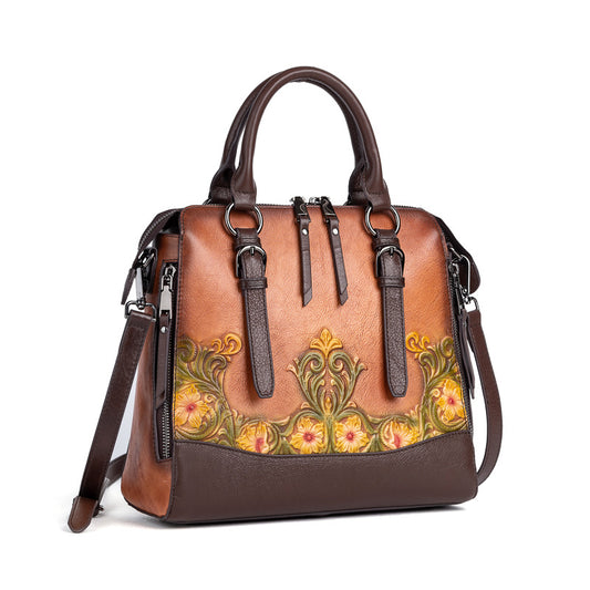 Leather Flower Design Woman Shoulder Bag Vintage Tote Handbag