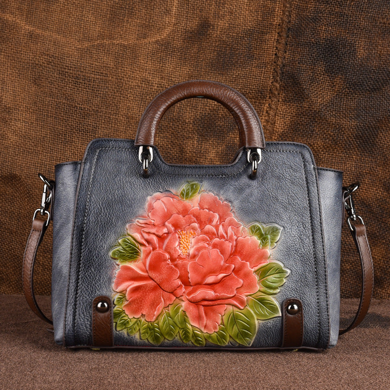 Flower Pattern Handbag Women Leather Vintage Shoulder Bag