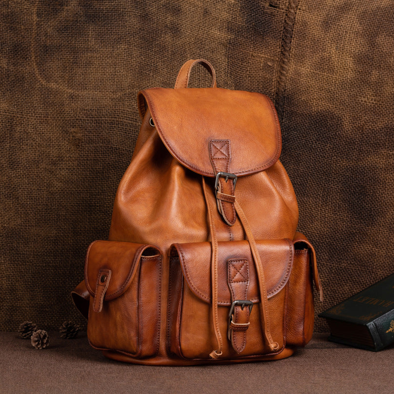 Mochila masculina com borlas vintage em couro de vaca genuíno Bolsa