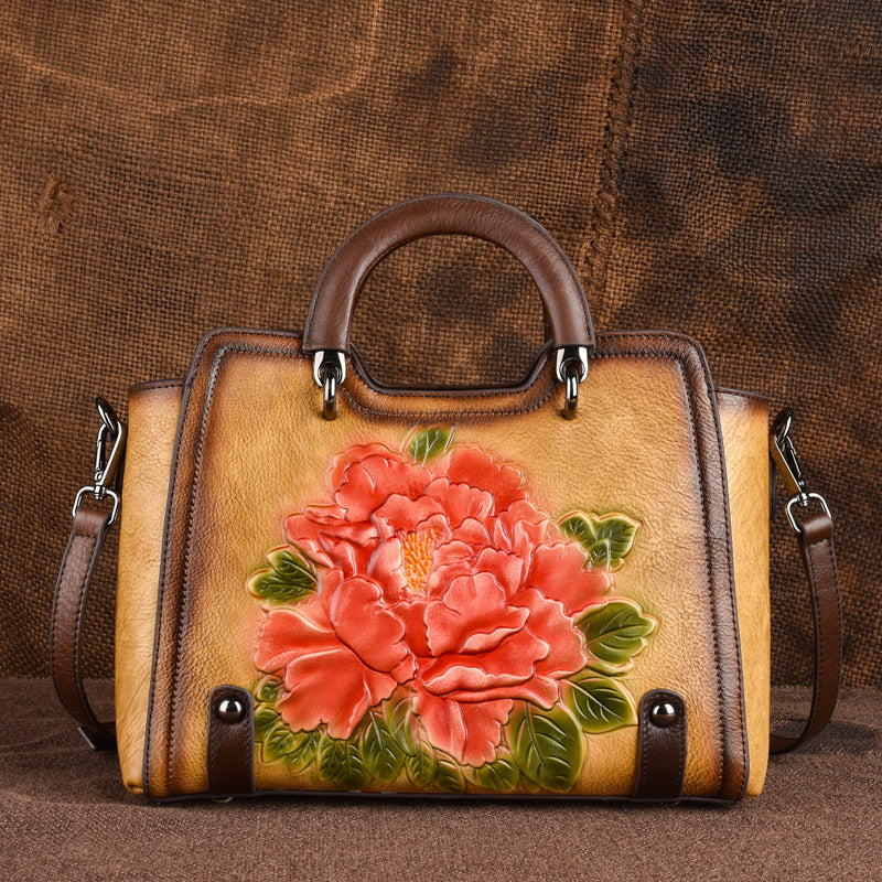 Flower Pattern Handbag Women Leather Vintage Shoulder Bag