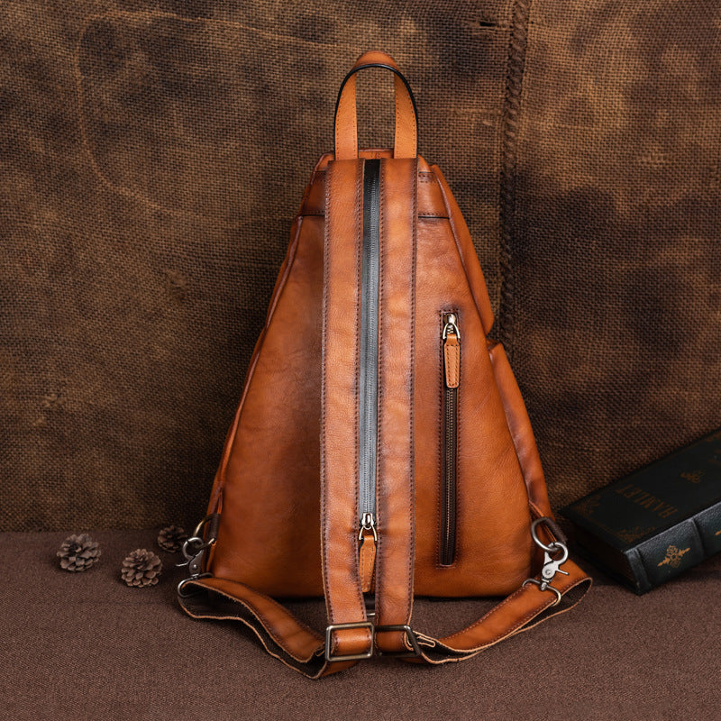 Vintage Cow leather Triangle Backpack Chest Pack Crossbody Bag