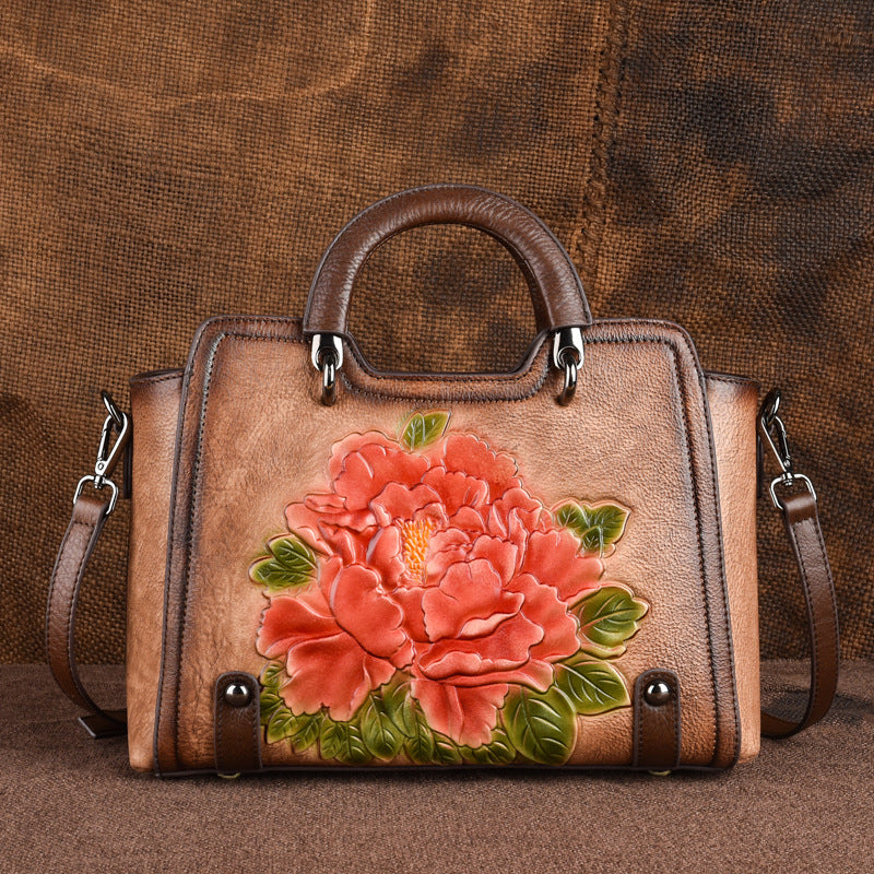 Flower Pattern Handbag Women Leather Vintage Shoulder Bag