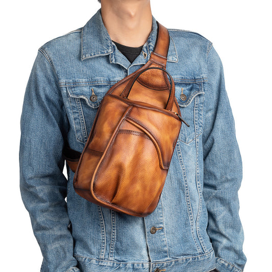 Vintage Leather Men Chest Pack Crossbody Bag Shoulder Bag