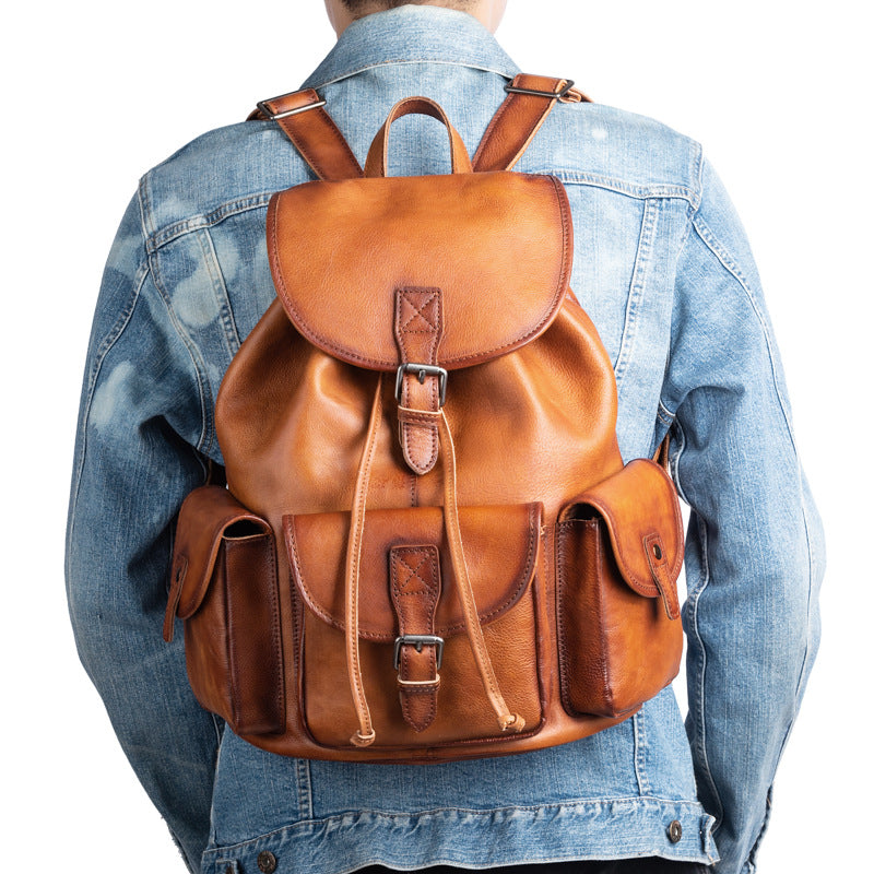 Mochila masculina com borlas vintage em couro de vaca genuíno Bolsa