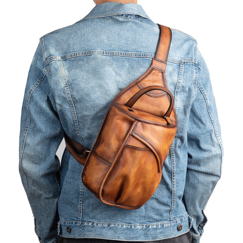 Vintage Leather Men Chest Pack Crossbody Bag Shoulder Bag