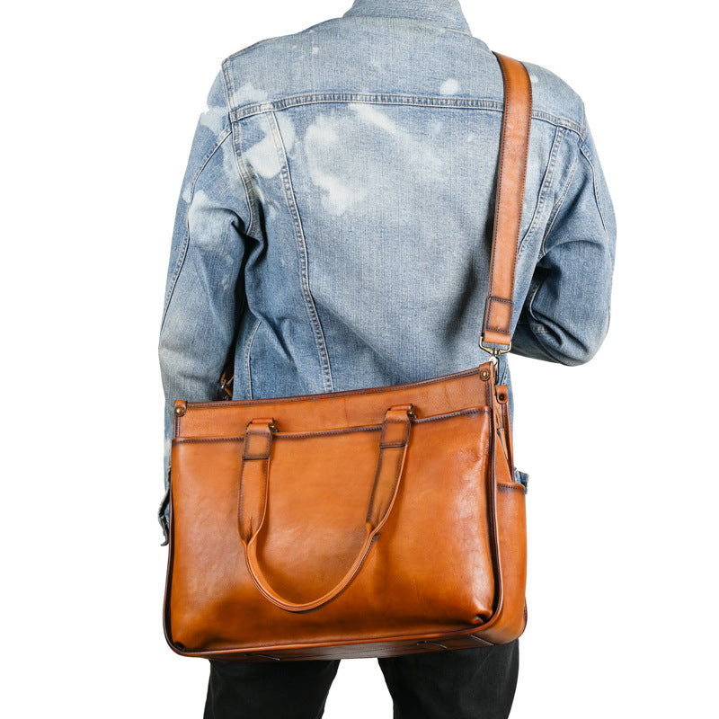 Vintage Leather Briefcase Man Shoulder Bag Handbag