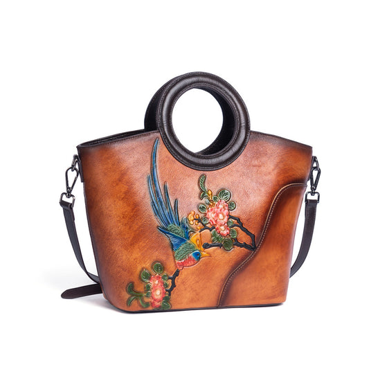 Vintage Cow Leather Women Handbag Flower Tote Bag