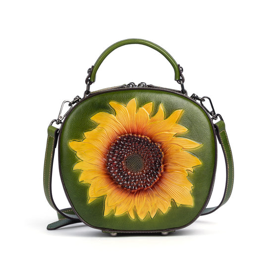 Vintage Sunflower Women Handbag Cow Leather Shoulder Bag