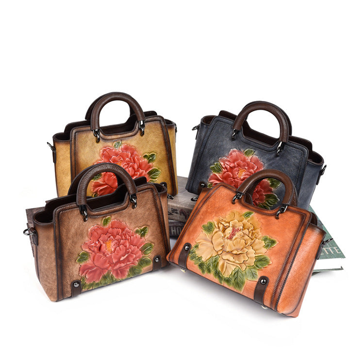 Flower Pattern Handbag Women Leather Vintage Shoulder Bag