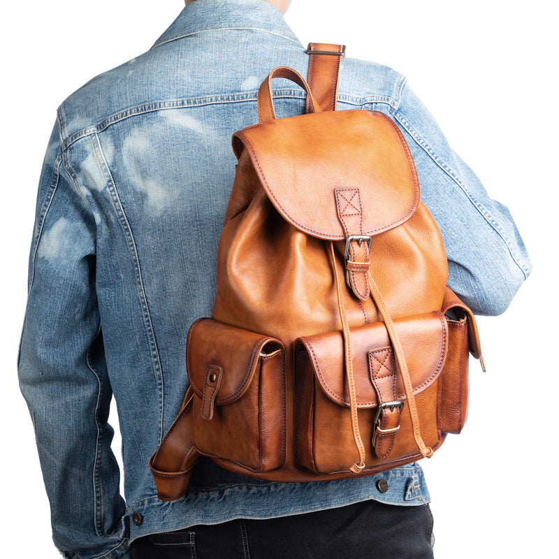 Mochila masculina com borlas vintage em couro de vaca genuíno Bolsa