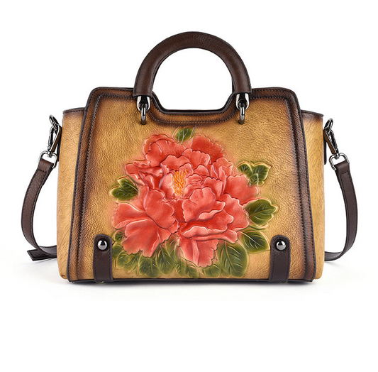 Flower Pattern Handbag Women Leather Vintage Shoulder Bag