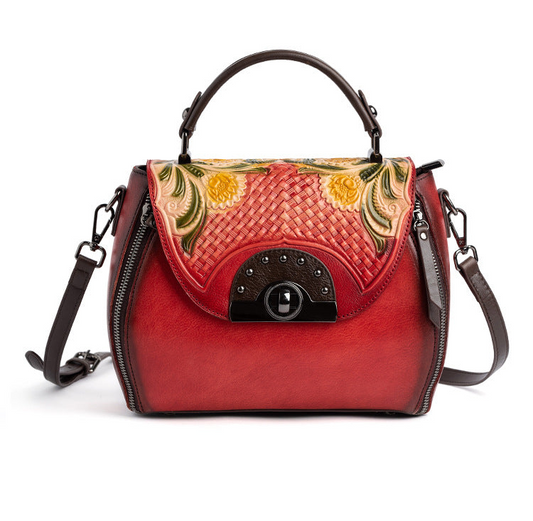 Vintage Leather Flower Leather Handbag Women Buckle shoulder bag