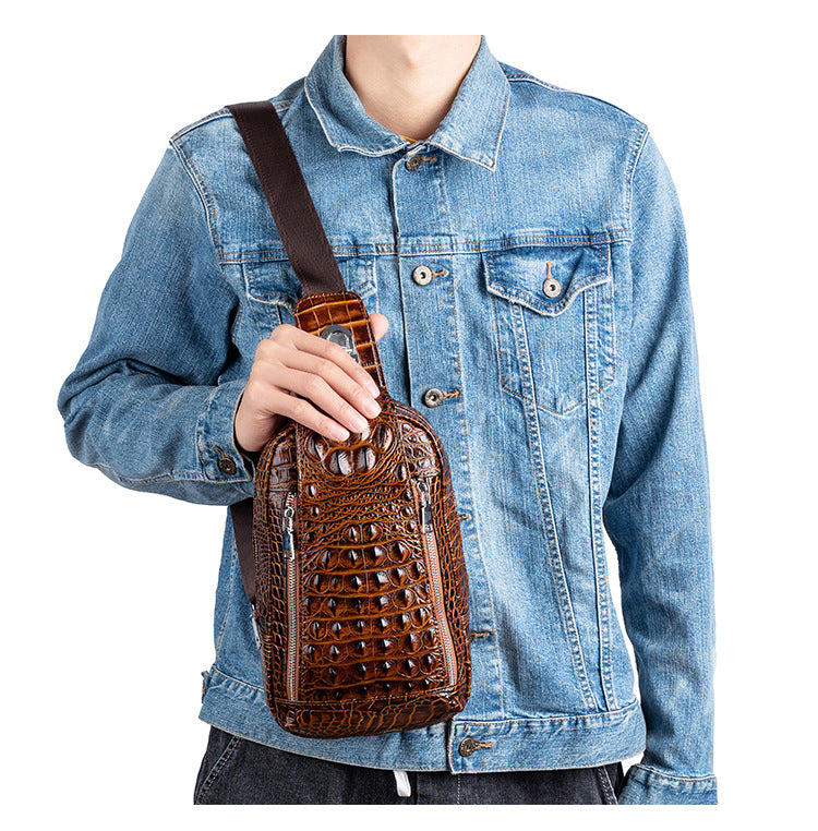 Crocodile Texture Cow Leather Man Check Pack Vintage Crossbody Bag