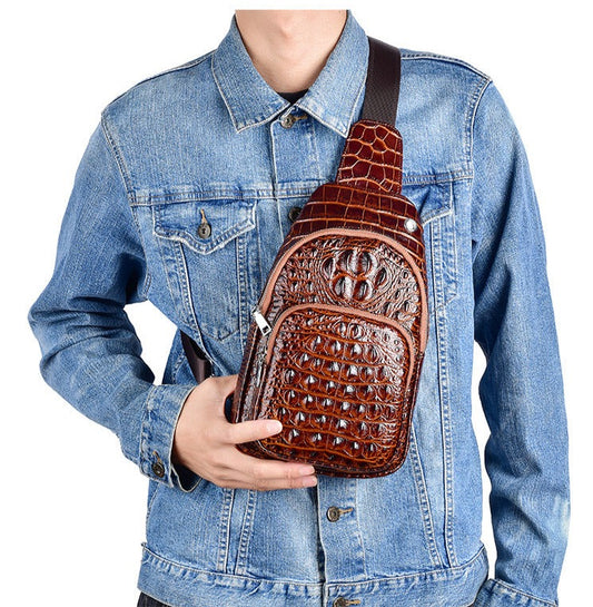 Vintage Leather Man Chest Pack Crocodile Texture Crossbody Bag Handbag