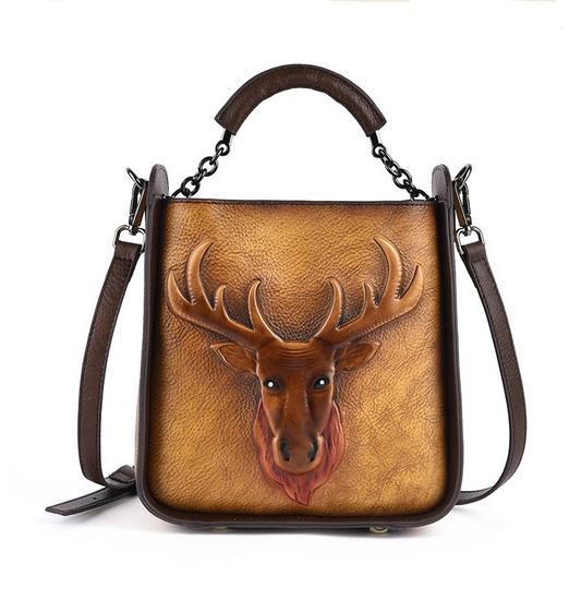 Vintage Elk Design Women Crossbody Shoulder Bag Cow Leather Handbag