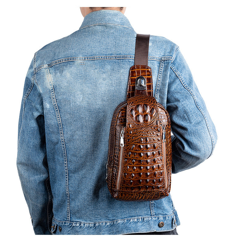 Crocodile Texture Cow Leather Man Check Pack Vintage Crossbody Bag