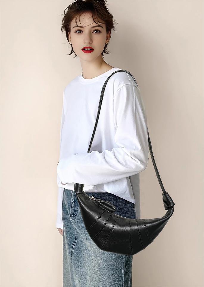 Classic Sheep Leather Women Croissant Crossbody Shoulder Bag