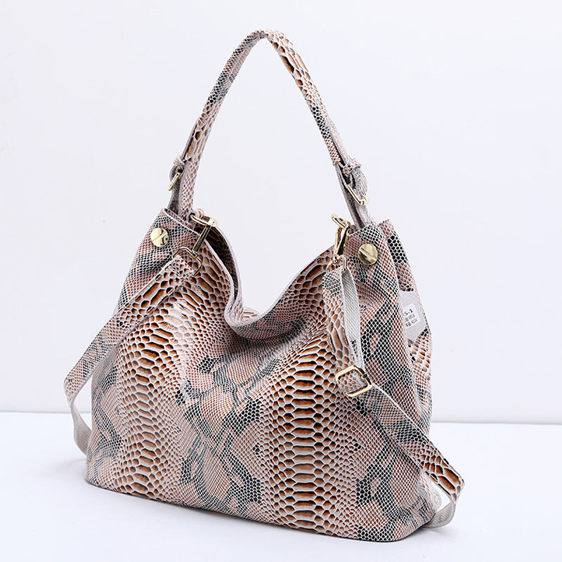 Cow Leather Snake Texture Women Tote Bag Shoulder Bag Crossbody Handbag