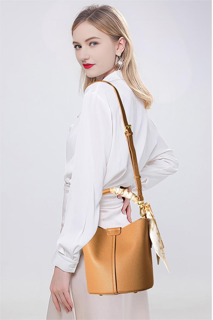 Fashion Ribbon Barrel Handbag Cow Leather Women Crossbody Shoulder Bag